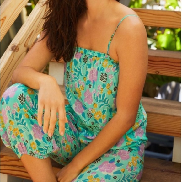 🆕 Anthropologie SIKA Marigold Floral Lounge Jumpsuit in Green Motif